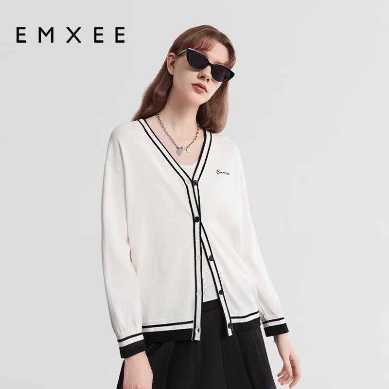 嫚熙(EMXEE)嫚熙孕妇外套宽松遮怀显瘦V领撞色大码开衫孕妇装 黑底白条 L