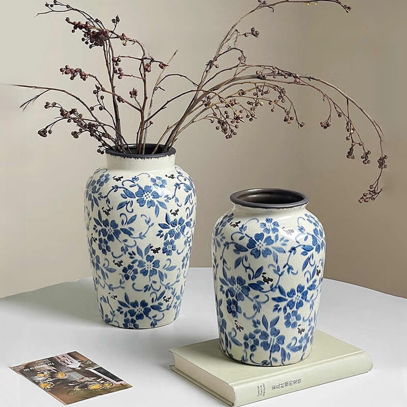 京东鲜花 中式陶瓷花瓶青花冰裂纹插花鲜花水培干花客厅高端装饰品