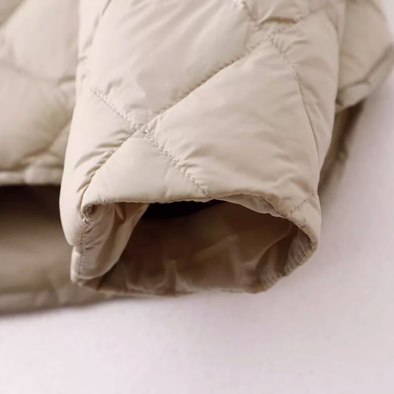 子牧棉麻2024秋冬装 女轻薄款棉服圆领短款时尚菱形格外套1508 杏色 XL(建议125-140斤)