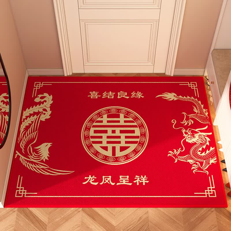 双喜临门 结婚用喜字入户地垫玄关门口垫乔迁高级感进门家用脚垫红色垫子 龙凤呈祥【竖铺】 100cm*140cm