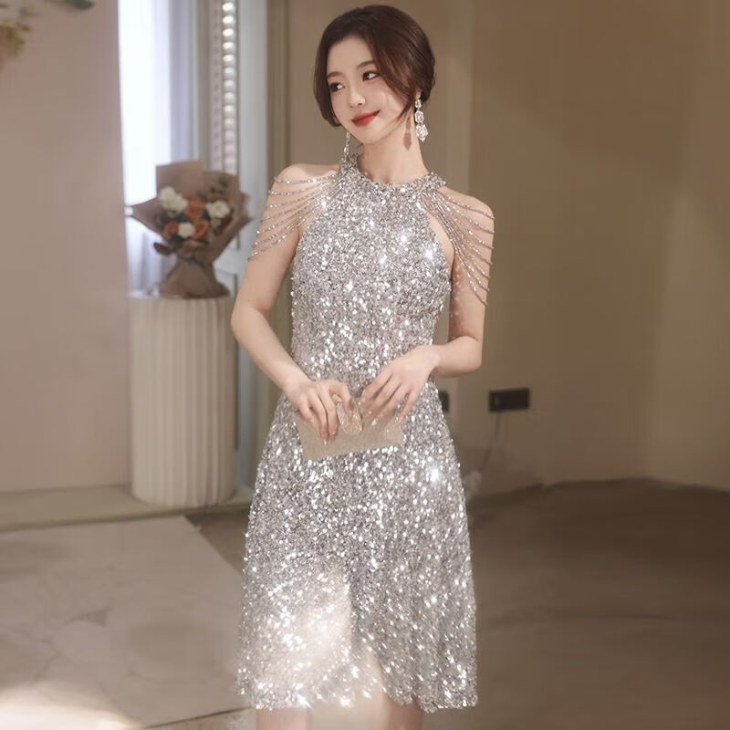 顏隨亮片小晚禮服女輕奢小眾高端聚會感平時可穿成人禮服裙伴娘服 銀色-晚宴禮服女 XS-晚宴禮服女