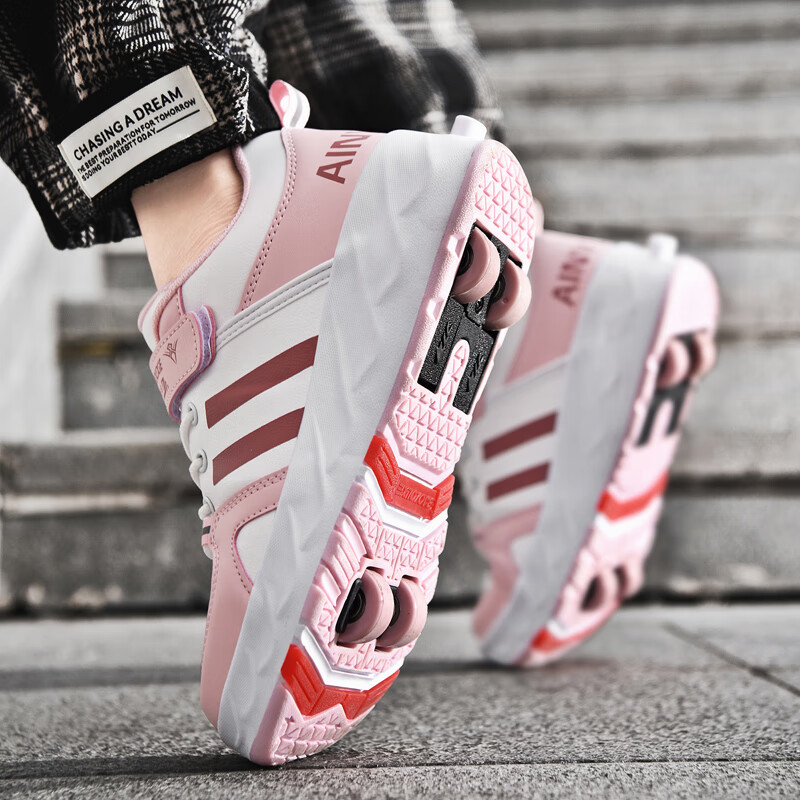 丘莱兔 暴走鞋新款暴走鞋小四轮隐形学生滑轮鞋可走路男童女童轮子鞋网 333粉色皮面 小四轮 33