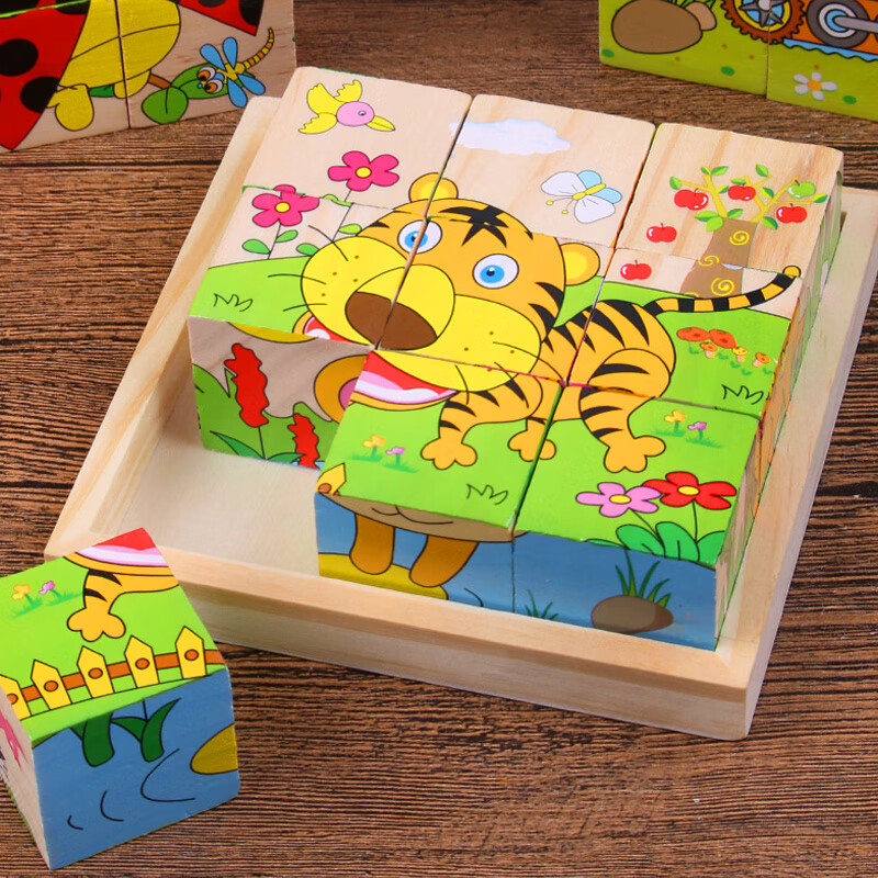 肯伦儿童3D立体积木拼图木质六面画9粒制早教幼儿园456岁宝宝玩具 9粒六面积木交通工具