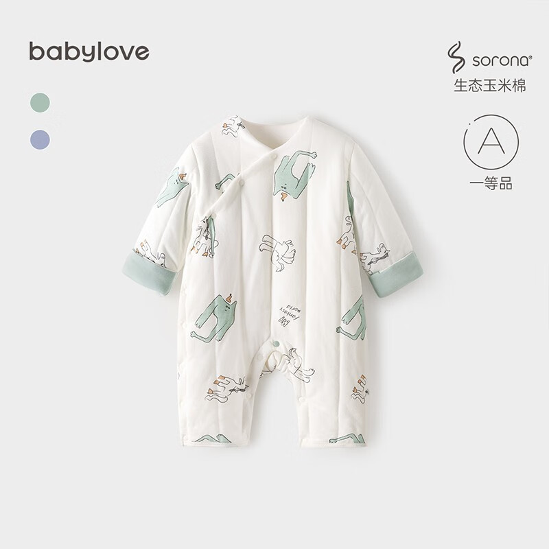 babylove婴儿连体衣秋冬款纯棉哈衣男女宝宝爬服保暖棉服长袖冬装 古灵精怪（绿） 73cm