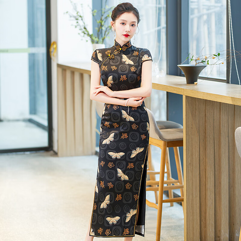 应否真丝旗袍高档轻年轻款长款修身显瘦中国风复古日常桑蚕丝旗袍长款