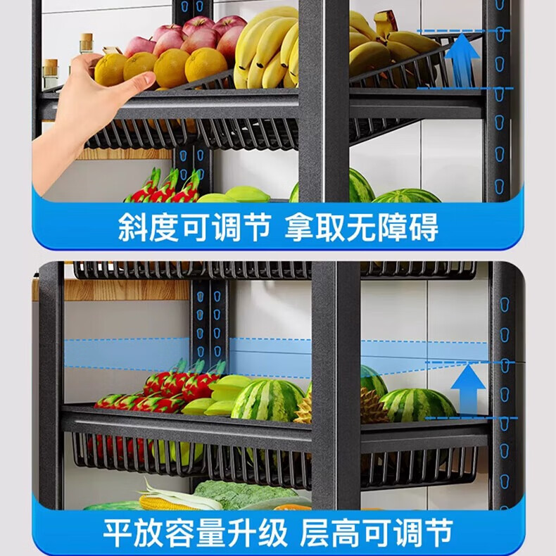 ZSVIP德国厨房置物架落地多层蔬菜收纳架多功能锅具杂物架零食储物架子 黑5层80cm*40cm【3板4篮】