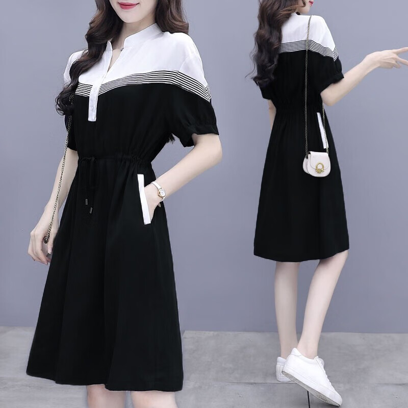 休闲衬衫连衣裙夏天甜美风百搭修身显瘦v领短袖夏季时尚女装品牌