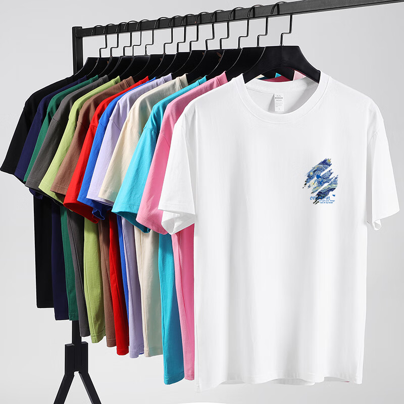 NASAR-FARM重磅短袖t恤男女落肩款纯棉梵高星空宽松ins潮t恤情侣半袖上衣服 DLJ星空-白色(偏大一码) M(100-120斤)