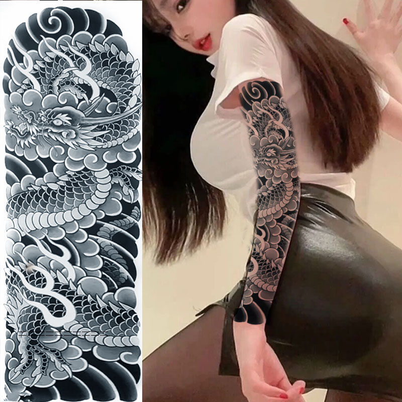 纹身贴草本龙大花臂线条般若纹身贴防水男 逼真不反光龙门全臂刺青 v