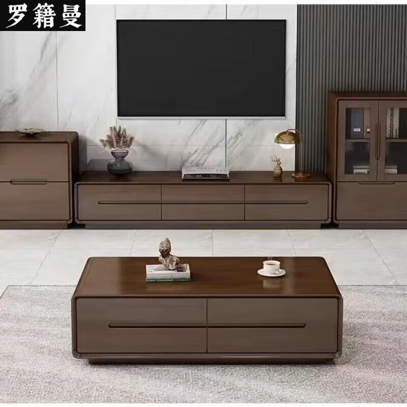 羅籍曼2025新款巖板茶幾電視柜組合實(shí)木客廳家用小戶型輕奢現(xiàn)代簡約地柜 胡桃色 電視柜+茶幾+高低柜-實(shí)木面