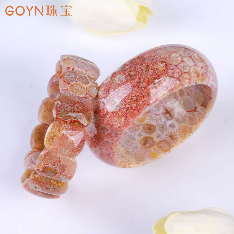 goyn珊瑚手镯珠宝珊瑚玉粉嫩粉色立体蕾丝花玻璃花冰透手 浅灰色