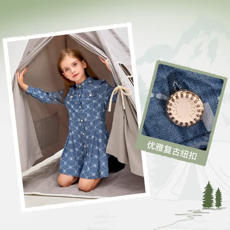 哈吉斯（HAZZYS）品牌童装女童连衣裙秋新品柔软舒适翻领简约甜美牛仔长袖裙 蓝牛仔 165