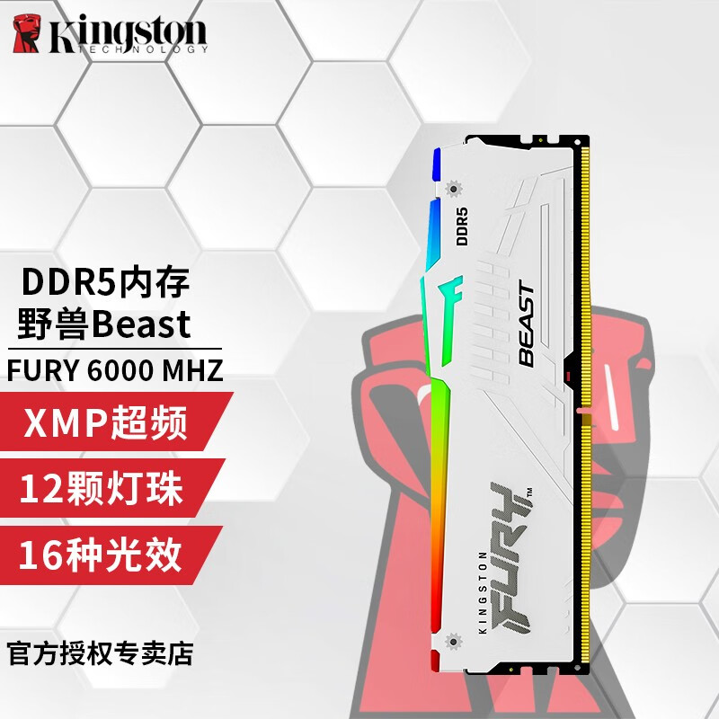 金士顿（Kingston）Beast野兽系列骇客神条 DDR5 5代台式机内存条 FURY 游戏电竞 DDR5野兽6000 RGB白色灯条 32GB 2条