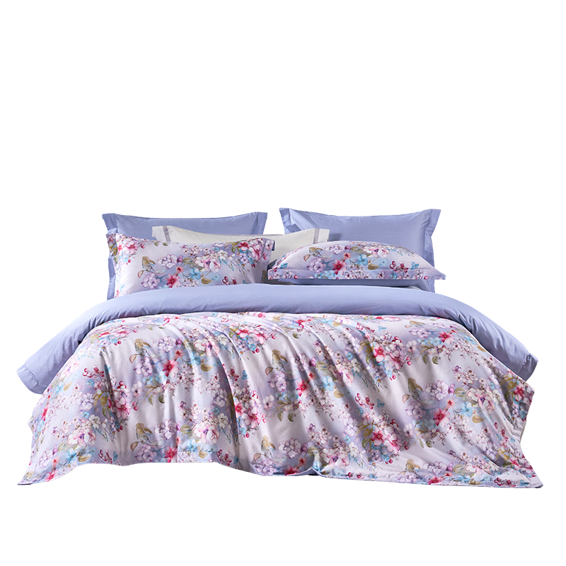 富安娜 纯棉四件套 100%全棉数码印花床单被套 清新繁花床品230*229cm
