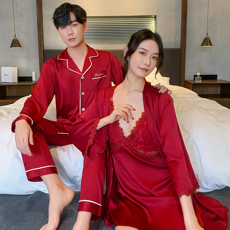 萧淑妃两套价春秋季仿真丝绸情侣睡衣性感带胸垫冰丝吊带睡裙睡袍家居服 218喜庆红 女生M码+男生3XL码 京东折扣/优惠券