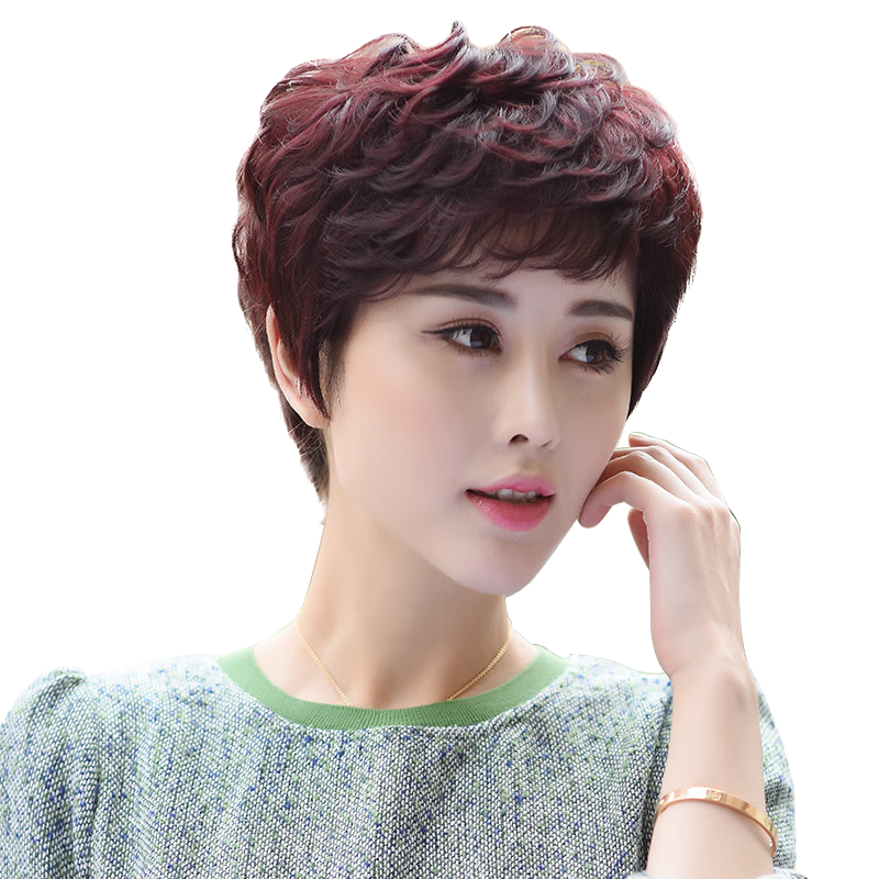 夢唯詩（Moonwish） 假發(fā)女自然全頭套真發(fā)全真人發(fā)女士短卷發(fā)中老年送媽媽假發(fā) 模特色-持久定型-手織頂心 短發(fā)