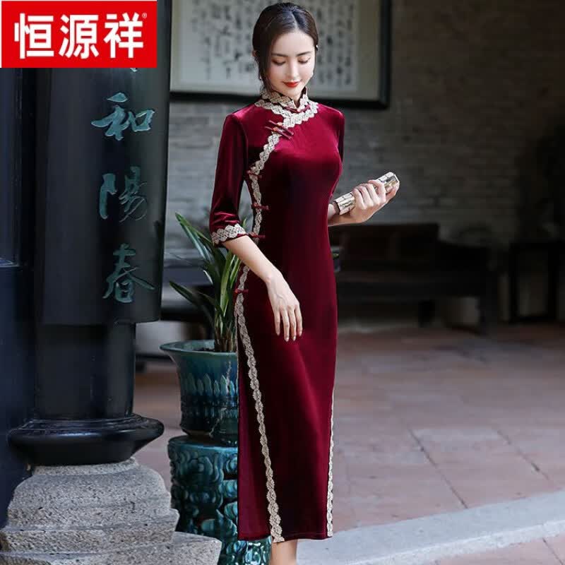 恒源祥新款旗袍女长款2023年妈m装弹力喜婆婆大码秋季金丝绒连衣裙 酒红色 M属于什么档次？
