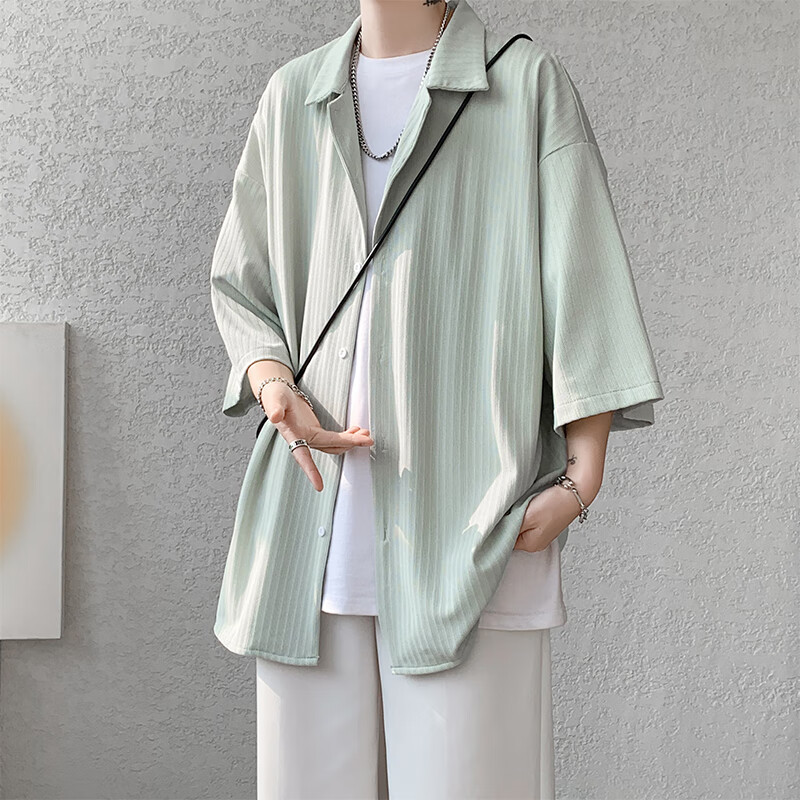 OEMG  夏季薄款短袖衬衫男女潮流垂感七分半袖高级感情侣宽松休闲外套 CS7829-黑色 3XL 【建议160-175斤】