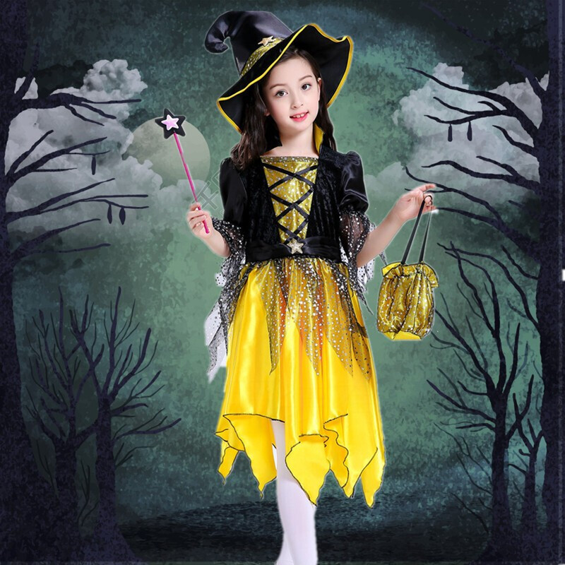 女童角色扮演cosplay服装小巫婆女巫派对表演服 金色魔法女巫裙四件套
