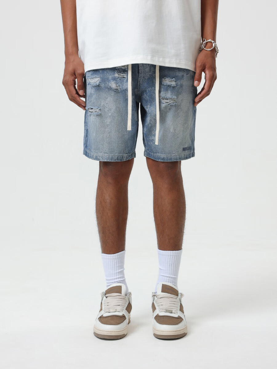 boneless撞色腰头肌理破洞牛仔短裤夏季美式宽松休闲薄款五分裤 蓝色