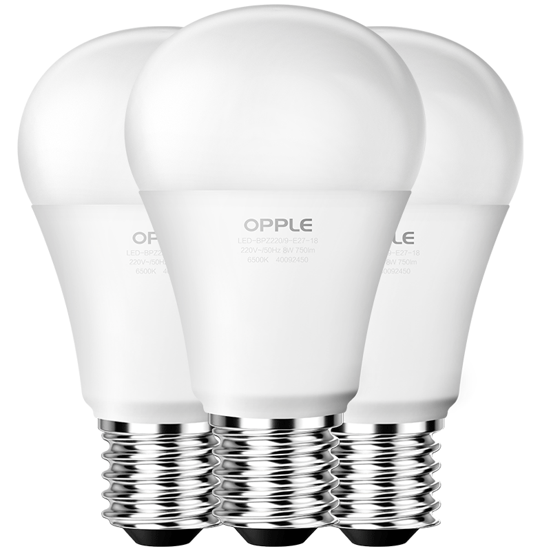欧普（OPPLE）LED灯泡节能灯泡 E27大螺口家用商用功率光源 8瓦白光球泡 3只装