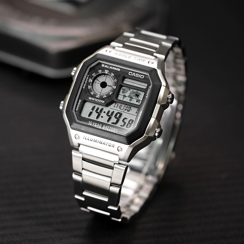 卡西欧(casio)男表小方块手表 学生休闲运动钢带 多功能持久电力夜光