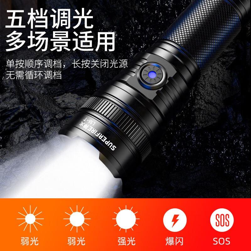 神火（SupFire）L16强光手电筒户外超亮穿天炮白激光长续航高流明家用变焦远射  L16-T【15w-3000mAh】