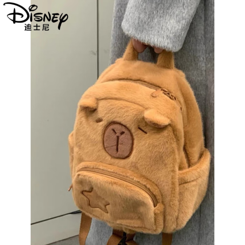 迪士尼（Disney）减负护脊卡皮巴拉毛绒水豚包包双肩女大容量新款2023秋冬可爱书包 水豚背包 35x30