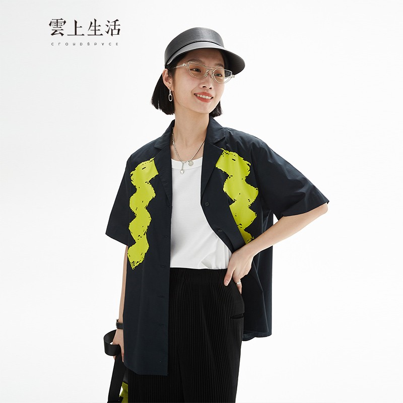 雲上生活撞色印花翻驳领衬衫设计感纯棉衬衫c6707x 藏青色 m