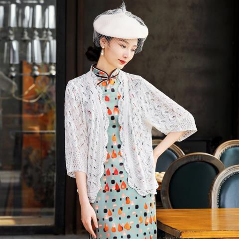 抖芊 旗袍披肩外搭外套年轻冰丝针织衫女开衫七分袖夏季薄款 白色
