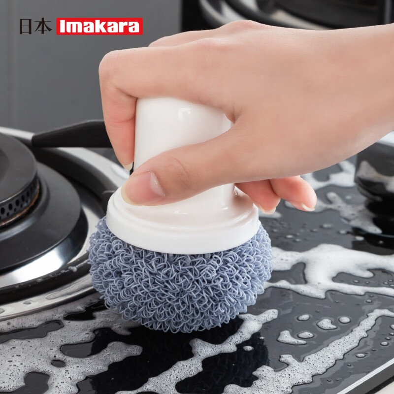 Imakara日本厨房用品洗碗刷锅神器钢丝刷清洁球非不锈钢洗锅清洗清洁刷子 带柄钢丝球【手柄1个+1个头】