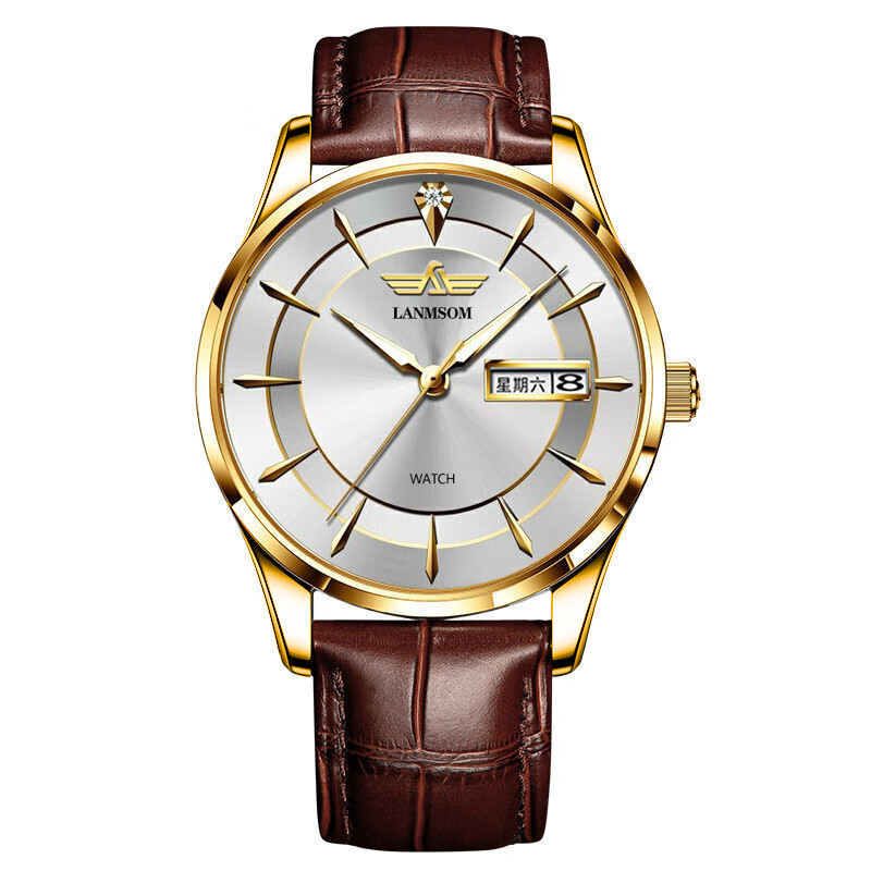 新款夜光防水双日历男士手表休闲商务皮带自动石英腕表 lp868 男皮白