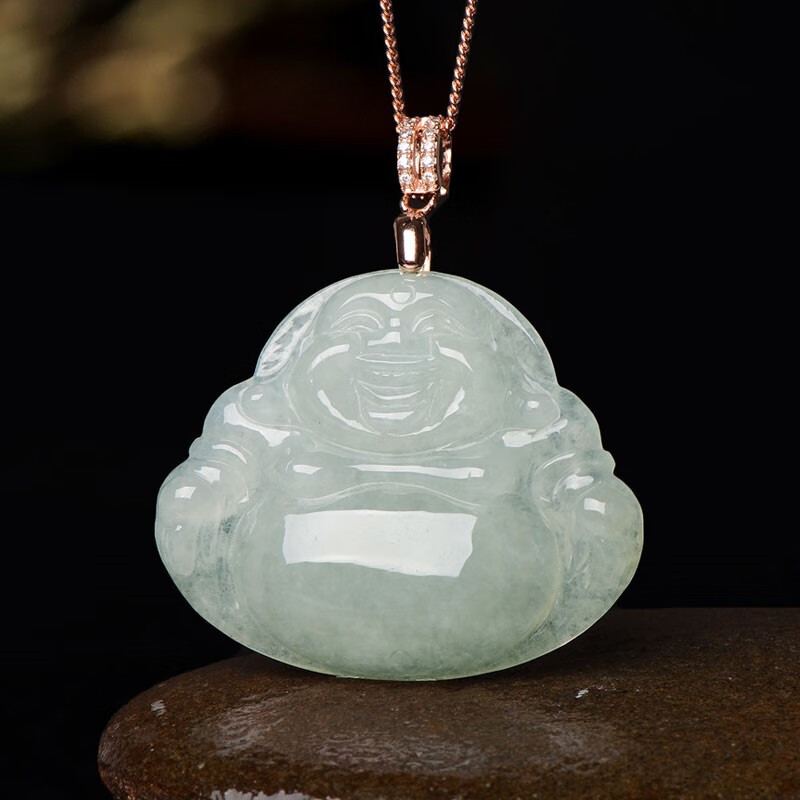 牧思天然缅甸玉石a货冰糯种翡翠佛公弥勒佛吊坠女款玉佛挂件笑佛玉坠
