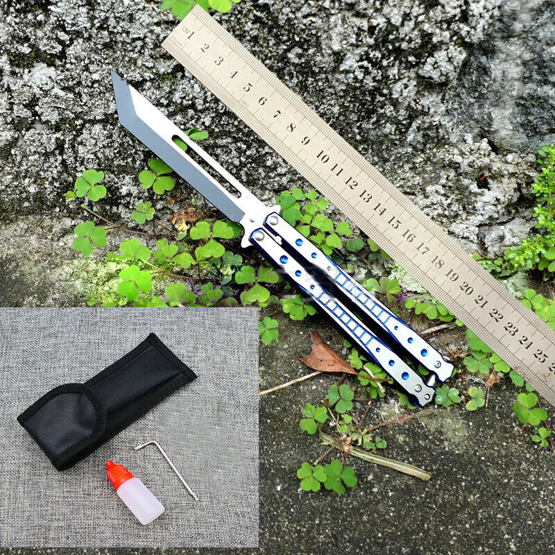 蝴蝶甩手刀折叠训练耍刀初学者练习刀花式神器未开刃训练刀折叠刀 蓝