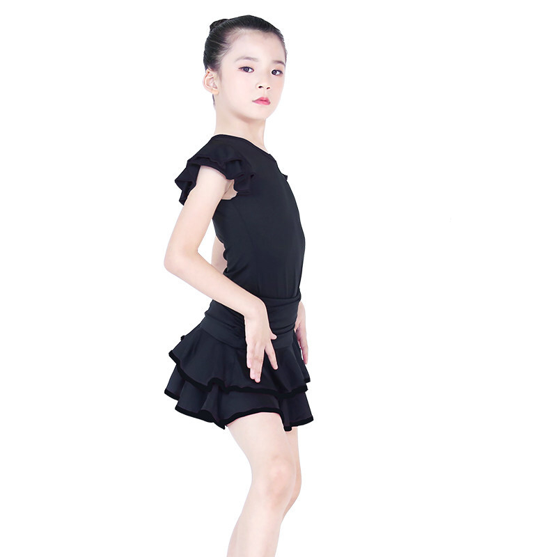 電鷗2025新款兒童拉丁舞裙演出服裝短袖不規(guī)則花邊套裝女童舞蹈服AWG 純黑色上衣+黑裙子-套裝 140 （參考身高130-140cm）