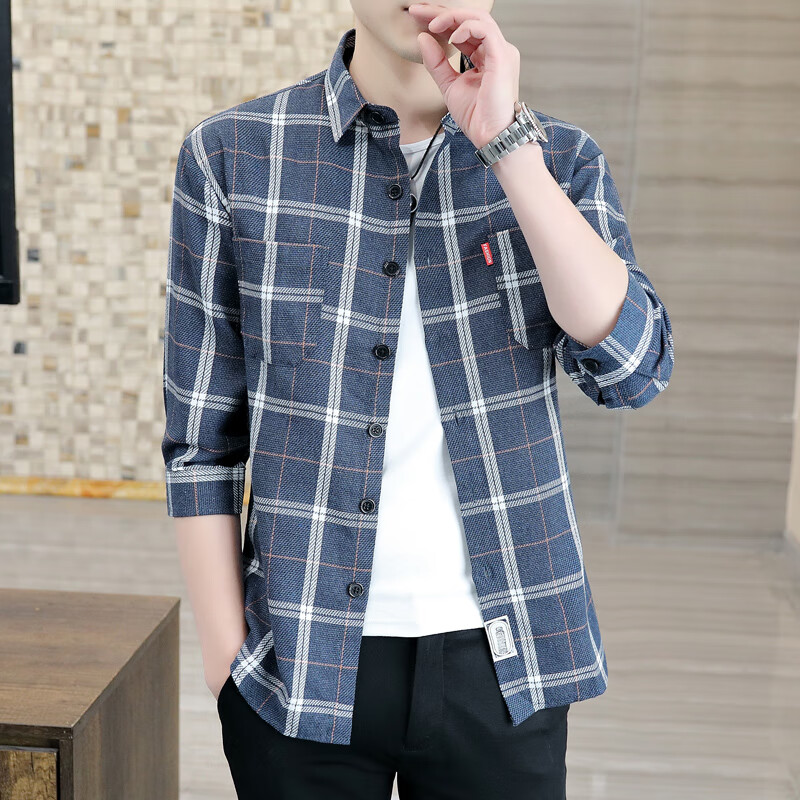 apygqv乔治俊霸两款可选2023男士秋新款长袖七分袖格子衬衫潮流男装