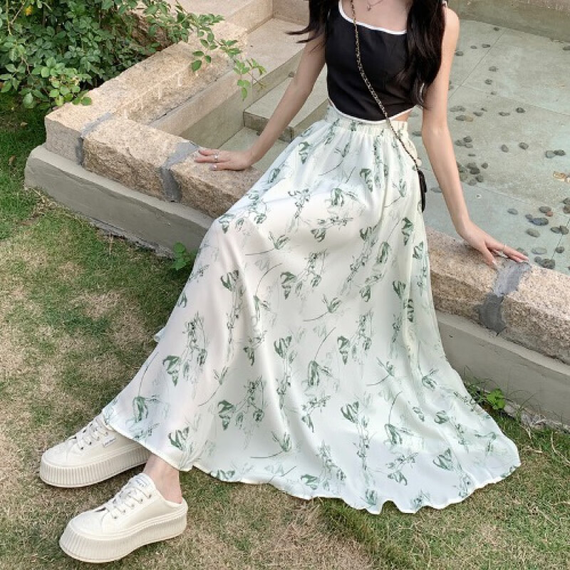 薄款印花裙中年女士法式碎花半身裙女夏高腰a字显瘦百褶 白底绿水墨花