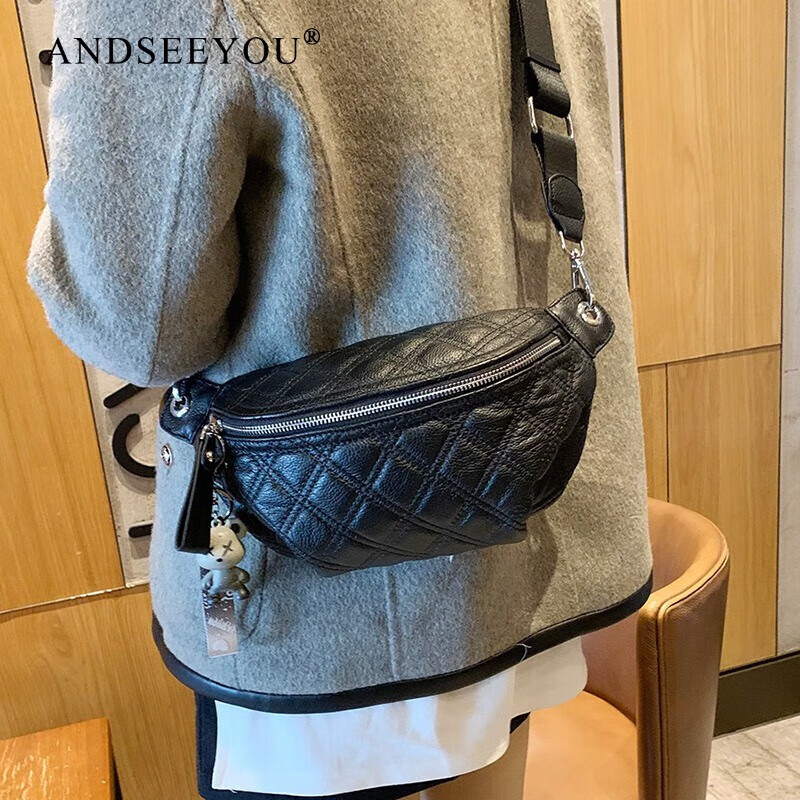 ANDSEEYOU包包女2025新款牛皮马鞍包宽带斜挎包胸包小众休闲腰包包袋斜挎包 黑色