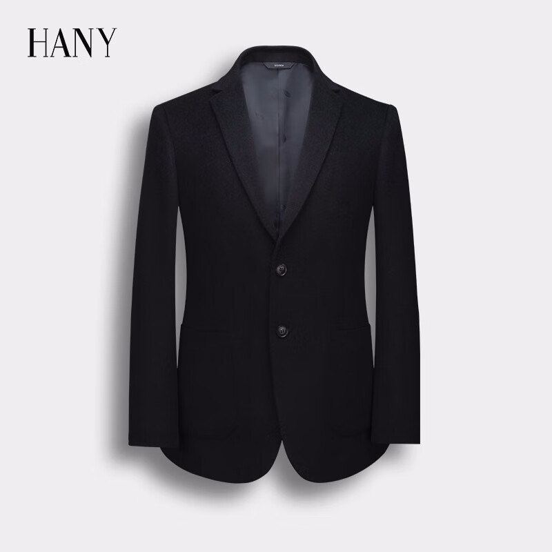 HANY汉尼黑色西服男休闲黑色修身单排扣进口羊毛时尚帅气外套 特维尔黑 175/92A
