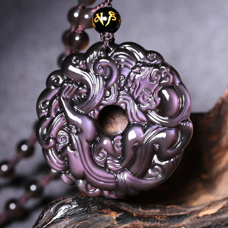 慈灵阁  紫红眼冰种黑曜石貔貅吊坠吉祥物振翅得财貔貅项链 男士精品
