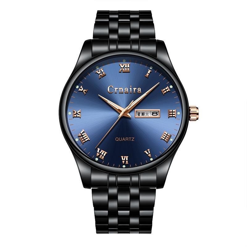 卡奈亚（Crnaira）品牌手表商务男表罗马刻度石英表男士多功能双日历夜光防水钢带潮 黑钢带蓝面