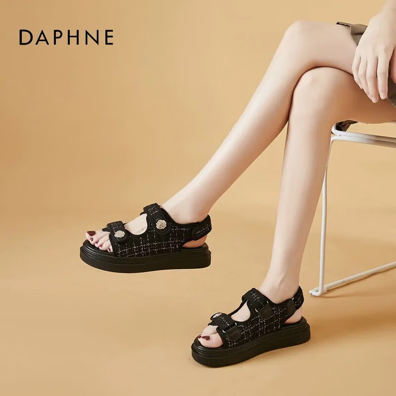 达芙妮（DAPHNE）小香风运动凉鞋女款夏季2022今年新款魔术贴平底沙滩凉鞋女 黑色凉鞋【布面】 37