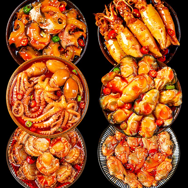 海進(jìn)士麻辣海螺肉海鮮罐頭熟食即食爆頭八爪魚罐裝鮑螺肉香辣老婆腳零食 海螺+八爪+生蠔+海兔+扇貝+蛤蜊