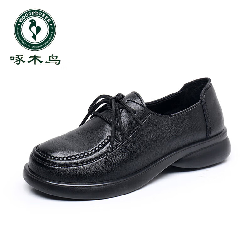 啄木鸟春秋款女士皮鞋黑色软底舒适防滑女鞋平底上班厨师工作鞋厨房