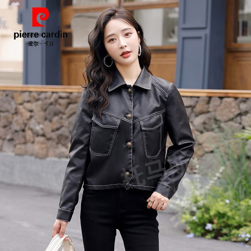 皮尔卡丹（pierre cardin）海宁皮衣外套女2023秋季新款短款皮夹克宽松设计感气质外套潮 黑色 XL90-110斤高性价比高么？