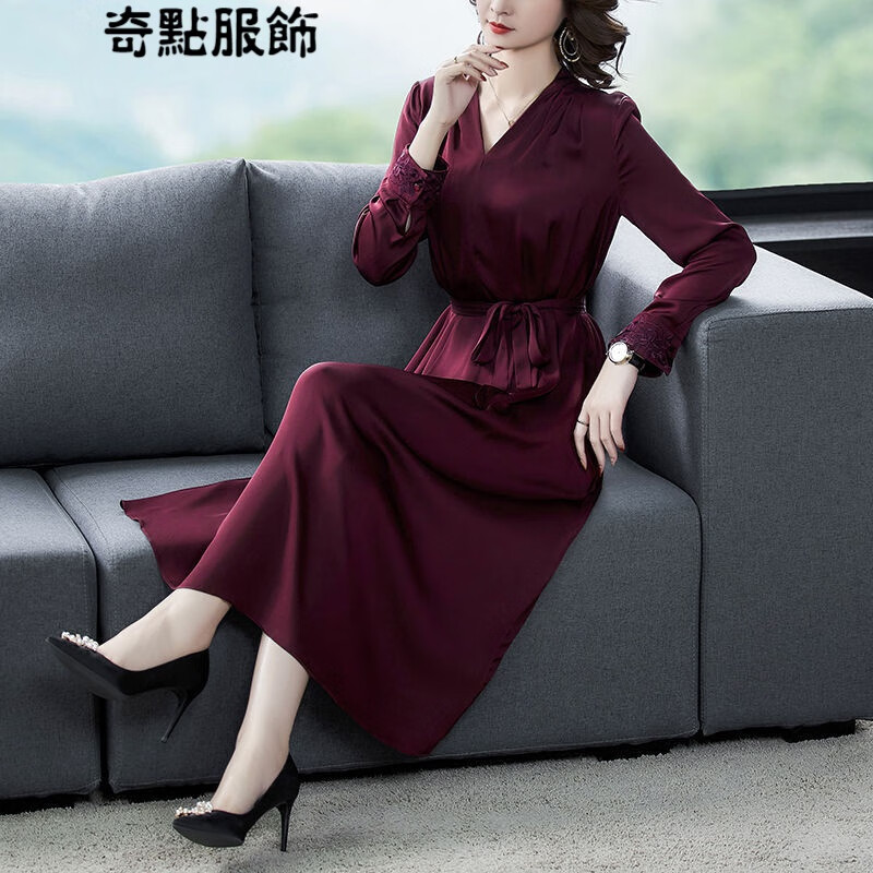 高端轻奢重磅女王桑2020年新款早秋女装杭州洋气质醋酸缎面丝连衣裙