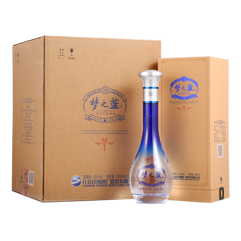 洋河蓝色经典 梦之蓝M1 52度 整箱装高度白酒 500ml*4瓶（内含2个礼袋） 口感绵柔浓香型dmdegskr