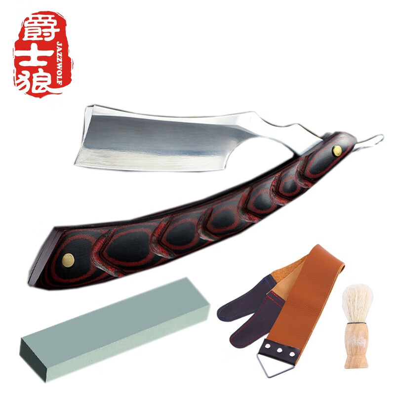 爵士狼老式刮胡刀鱼骨纹剃刀木柄剃须刀理发店美发刮刀老式剃刀 鱼骨纹刀+荡刀布+清洁刷+磨刀石