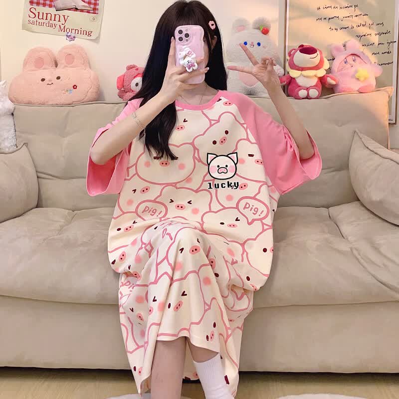 睡衣女夏季纯棉睡裙短袖卡通可爱夏天家居服少女生家居服 530小猪 160