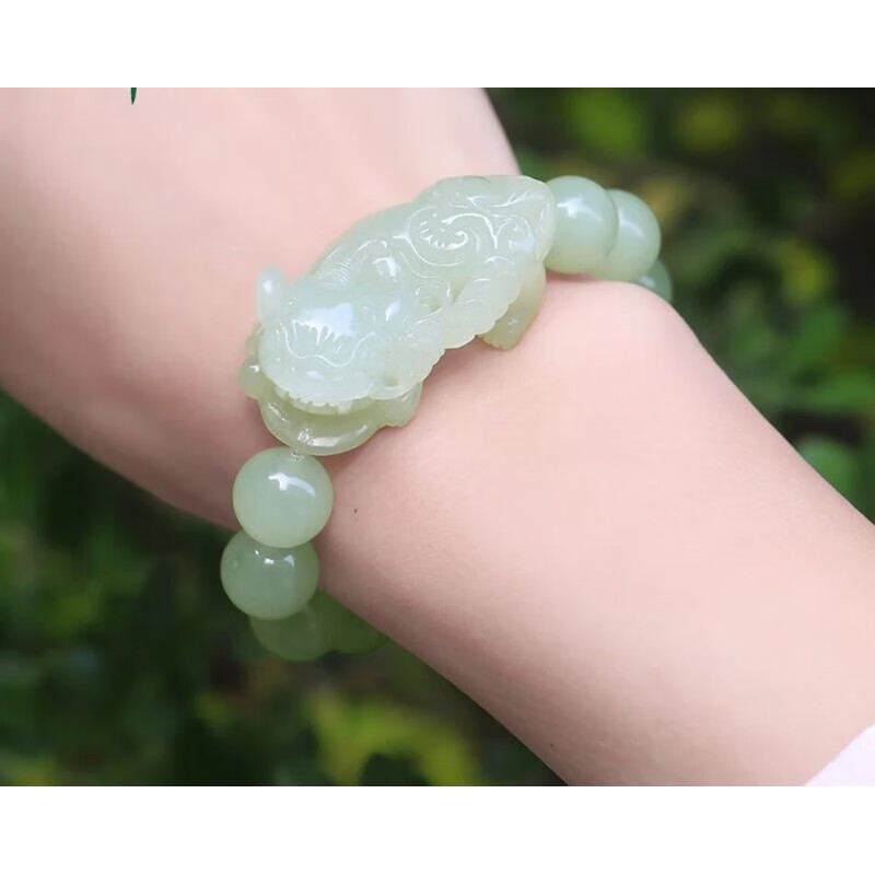 佩曼  和田玉貔貅手串玉男女款玉石手链冰底晴水绿青白玉圆珠含证书